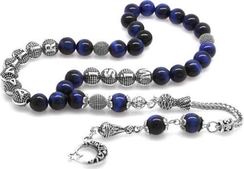 Kararmaz Metal Püsküllü Küre Kesim İsim Yazılı Mavi Kaplangözü Doğaltaş Tesbih