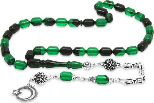 Kararmaz Metal Kral Zincir Püsküllü Uçlu Kapsül Kesim Yeşil-Siyah Ateş Kehribar Tesbih