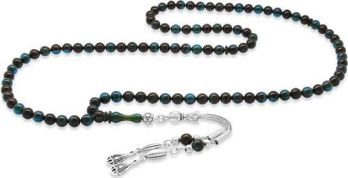 Kararmaz Metal Su Damlası Püsküllü Küre Kesim Mavi-Siyah Sıkma Kehribar 99'luk Tesbih