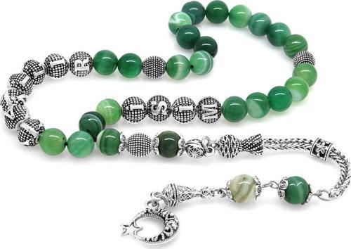 Kararmaz Metal Püsküllü Küre Kesim İsim Yazılı Yeşil-Beyaz Akik Doğaltaş Tesbih