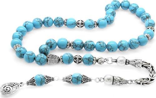 Koleksiyonluk 925 Ayar Gümüş Püsküllü Küre Kesim Firuze-Turkuaz Doğaltaş Tesbih