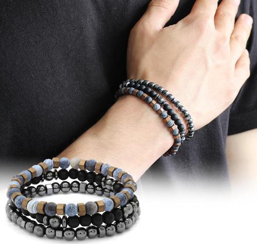 Küre Kesim Mat Akik-Oniks-Hematit Kombinli Doğaltaş Bileklik