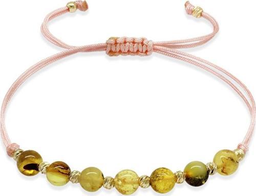 Makrome Örgülü Küre Kesim Pembe İpli Dorika Top Süslemeli Sarı Renk Fosilli Doğal Damla Kehribar Kadın Bileklik