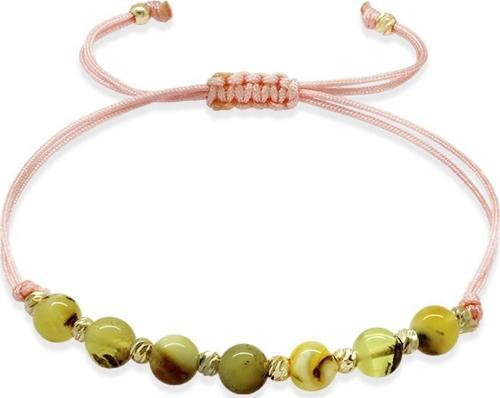 Makrome Örgülü Küre Kesim Pembe İpli Dorika Top Süslemeli Sarı-Beyaz Renk Doğal Damla Kehribar Kadın Bileklik