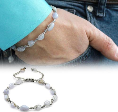 Makrome Örgülü Naturel Kesim Dorika Top Detaylı Kalsedon Doğaltaş Erkek Bileklik