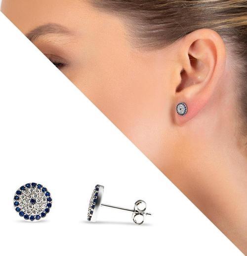 Mavi-Beyaz Zirkon Taşlı Çiçek Tasarım 925 Ayar Gümüş Kadın Küpe