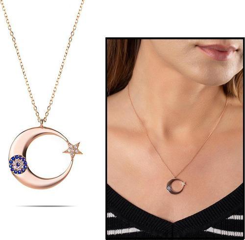Mavi-Beyaz Zirkon Taşlı Tarz Tasarım Rose Renk 925 Ayar Gümüş Ayyıldız Kolye