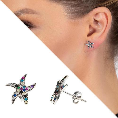 Multicolor Zirkon Taşlı Deniz Yıldızı Tasarım 925 Ayar Gümüş Kadın Küpe