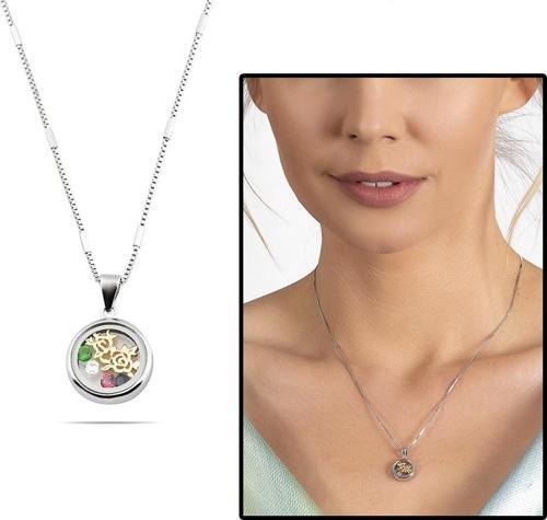Multicolor Zirkon Taşlı Oval Tasarım Gül Detaylı 925 Ayar Gümüş Kadın Kolye