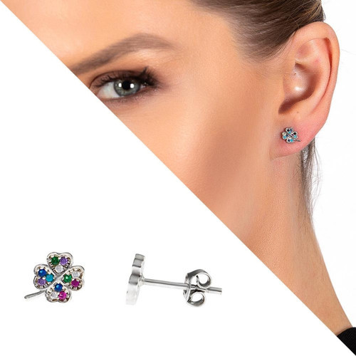 Multicolor Zirkon Taşlı Yonca Yaprağı Tasarım 925 Ayar Gümüş Kadın Küpe