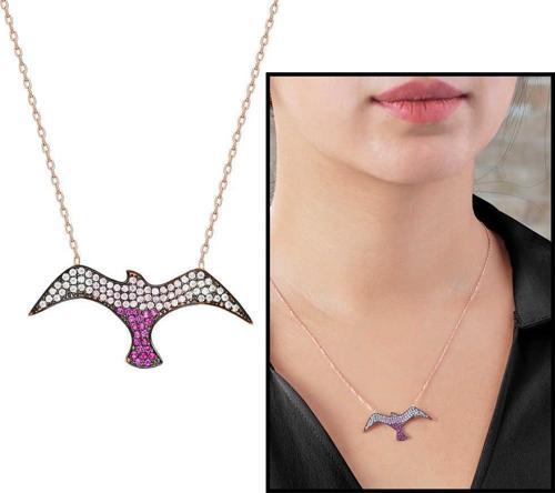 Pembe Zirkon Taşlı Martı Tasarım 925 Ayar Gümüş Bayan Kolye