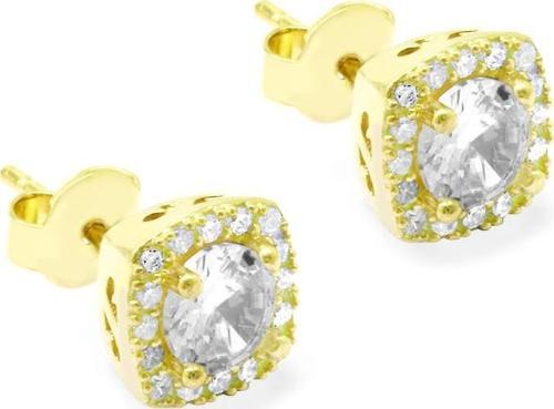 Pırlanta Montür Kare Tasarım Zirkon Taşlı Gold Renk 925 Ayar Gümüş Kadın Küpe