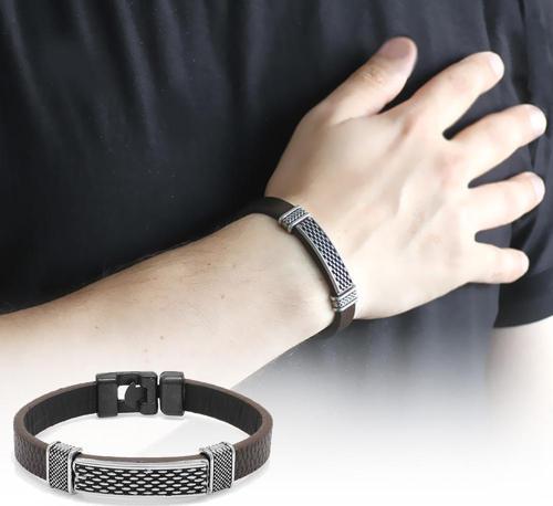 Nokta İşlemeli Kahverengi Kararmaz Metal-Deri Kombinli Erkek Bileklik