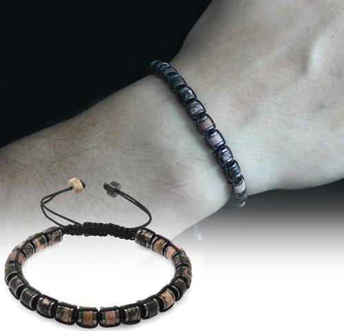 Silindir Kesim Makrome Örgülü Kuvars-Hematit Kombinli Doğaltaş Erkek Bileklik