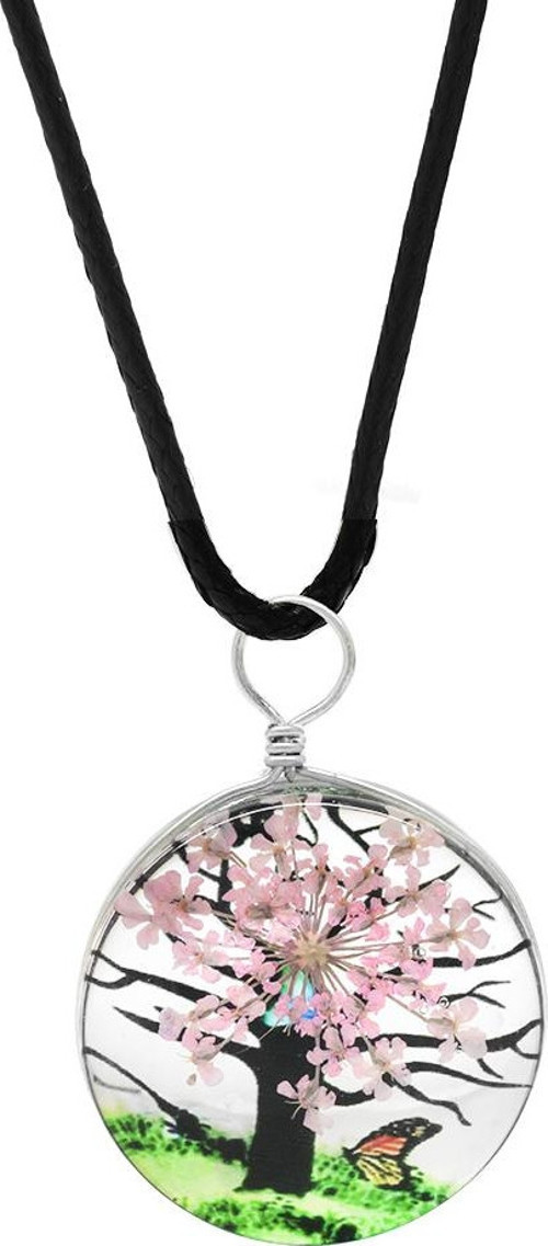 Oval Tasarım Pembe Çiçekli Doğa Temalı El Yapımı Natural Reçine Kolye
