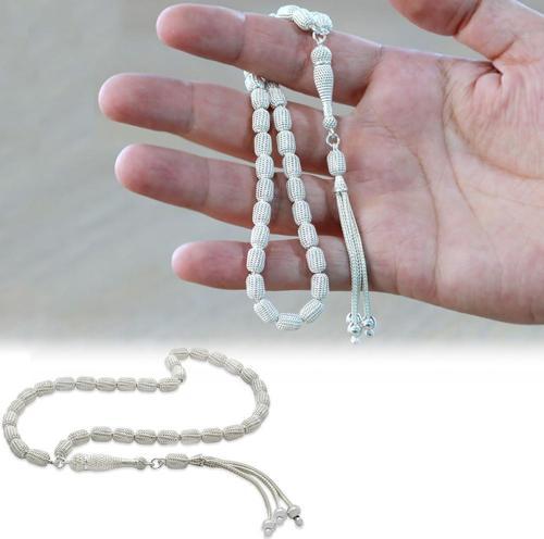 Üçlü Kamçı Top Püsküllü Telkari Tasarım Kapsül Kesim Silver Renk 925 Ayar Gümüş Tesbih