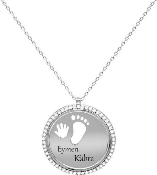 Zirkon Taşlı Bebek El/Ayak Detaylı Silver Renk Kişiye Özel İsim/Harf Yazılı 925 Ayar Gümüş Kadın Kolye