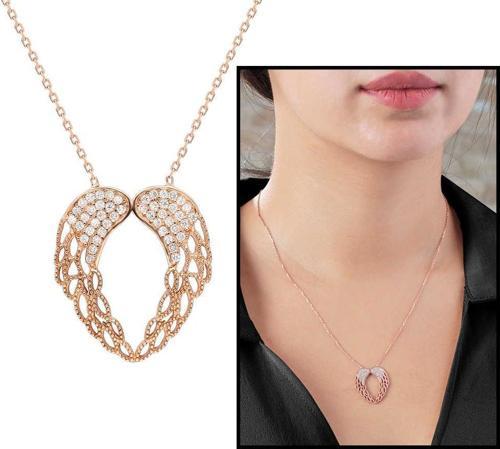 Zirkon Taşlı Melek Kanadı Tasarım Gold Renk 925 Ayar Gümüş Kolye