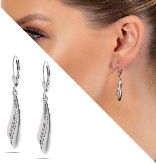 Zirkon Taşlı Üç Sıralı Yaprak Tasarım 925 Ayar Gümüş Kadın Küpe