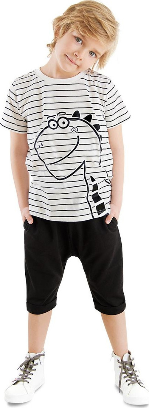 Sevimli Dino Çizgili Erkek Çocuk Yazlık T-shirt Kapri Şort Takım