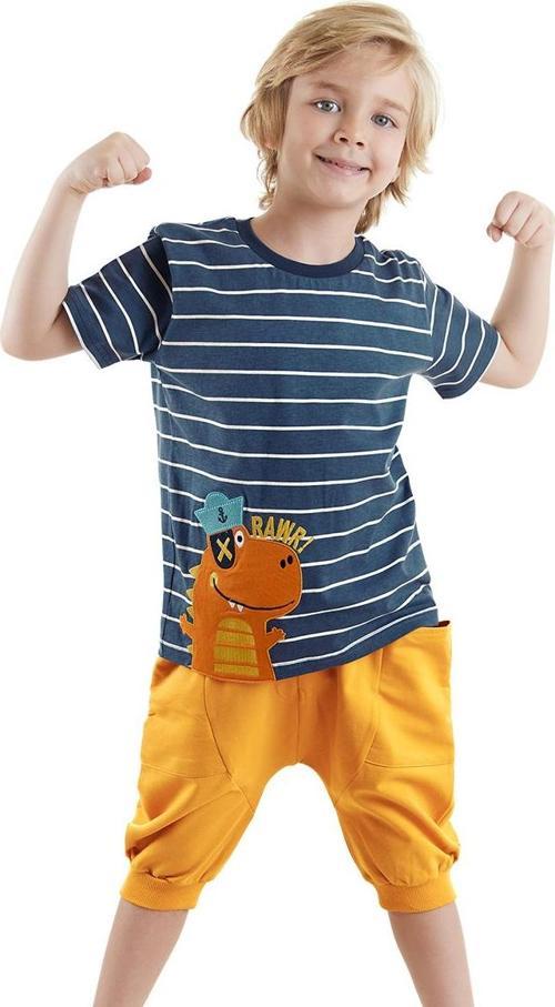 Çizgili Denizci Dino Erkek Çocuk Yazlık T-shirt Kapri Şort Takım
