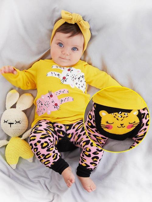 Leopar Kız Bebek T-shirt Tayt-Pantolon Takım