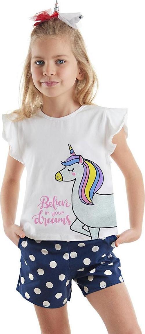 Puantiyeli Unicorn Kız Çocuk Yazlık T-Shirt Poplin Şort Takım