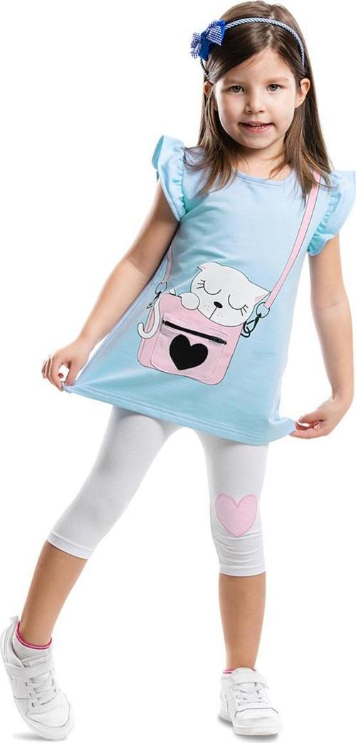Kedili Cep Detaylı Kız Çocuk Mavi Beyaz Yazlık T-shirt Tunik Tayt Takım