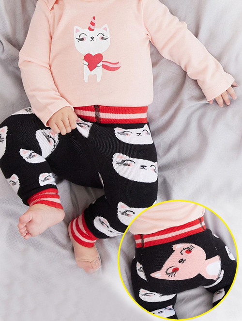 Kedi Kız Bebek Siyah Örme Tayt-Pantolon