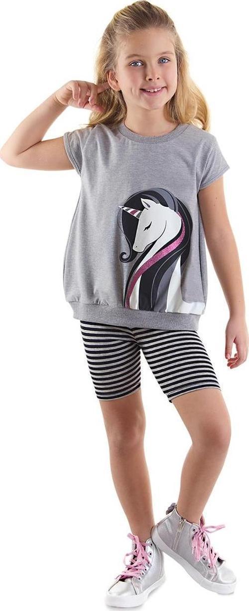 Çizgili Unicorn Kız Çocuk Gri Siyah Yazlık T-shirt Tayt Takım