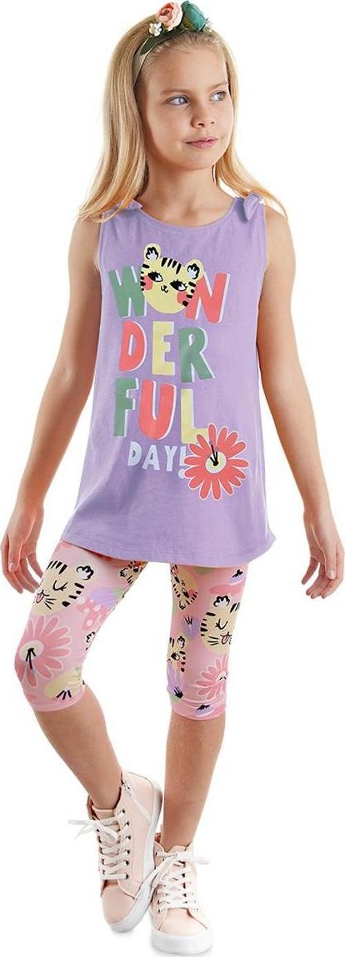 Kedili Çiçekli Kolsuz Kız Çocuk Yazlık Tunik T-shirt Tayt Takım