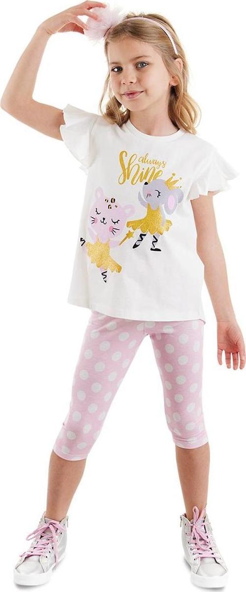 Balerin Hayvanlar Fırfırlı Puantiyeli Kız Çocuk Yazlık T-shirt Tayt Takım