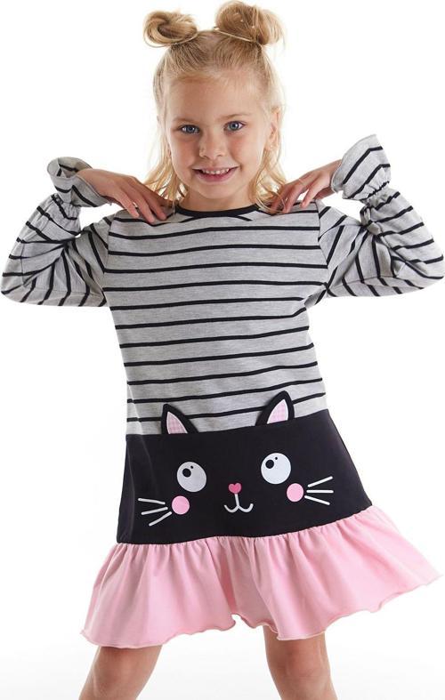 Siyah Kedi Çizgili Kız Çocuk Gri Kışlık Elbise