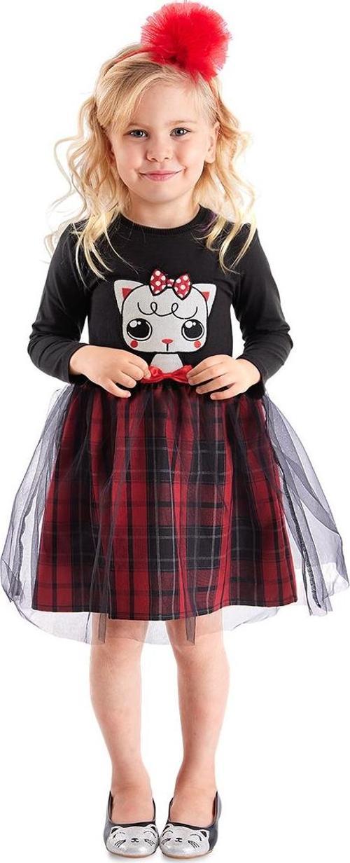 Siyah Kokoş Kedicik Ekose Kız Çocuk Tüllü Tütü Kabarık Abiye Elbise