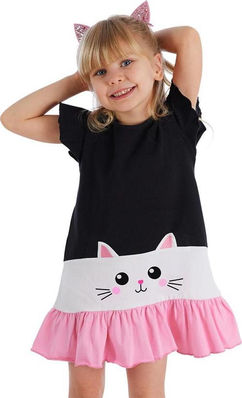 Beyaz Kedi Fırfırlı Kız Çocuk Siyah Yazlık Elbise