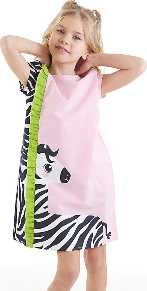 Fırfırlı Zebra Kız Çocuk Pembe Yazlık Elbise