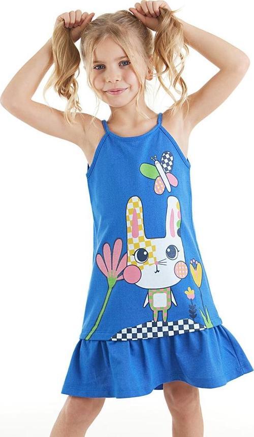 Damalı Tavşan Kız Çocuk Mavi Askılı Yazlık Elbise