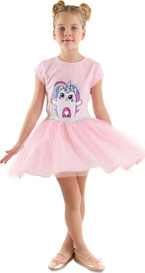 Kedicik Unicorn Kız Çocuk Tüllü Tütü Pembe Abiye Elbise