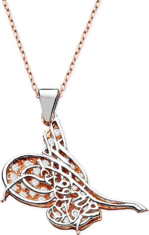 925 Ayar Gümüş Zirkon Taşlı Gölgeli Tuğra Model Kaplama Kolye