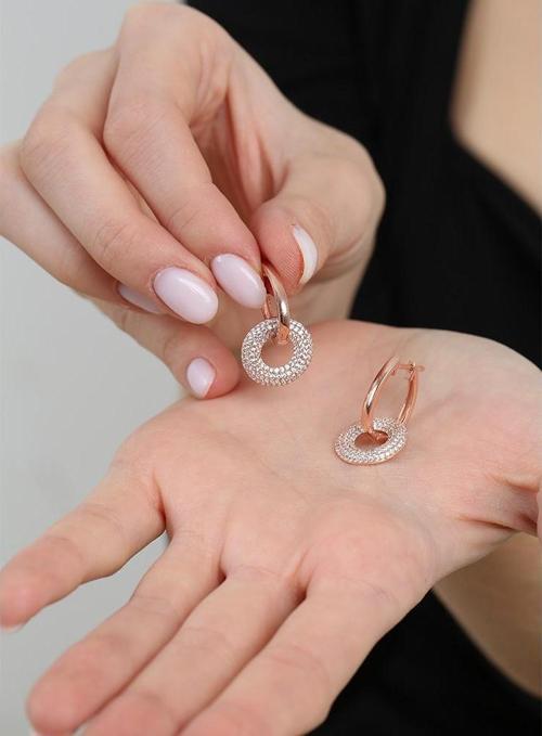 Beyaz Zirkon Taşlı Hulahop Model Rose Renk 925 Ayar Gümüş Kadın Küpe