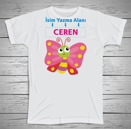 Çocuklara Özel Isim Baskılı Kelebek Tshirt , Micro Polyester Terletmez Kumaş