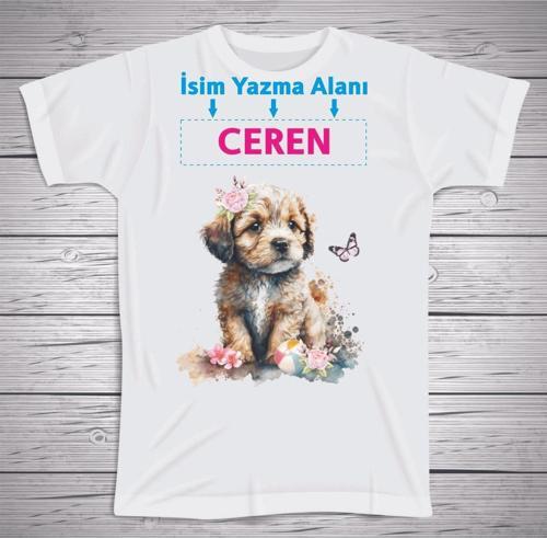Çocuklara Özel Isim Baskılı Köpekli Tshirt , Micro Polyester Terletmez Kumaş