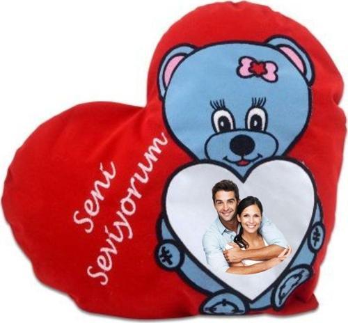 Kişiye Özel Resim Basılabilir Mavi Ayıcık Desen Kırmızı Kalp Yastık