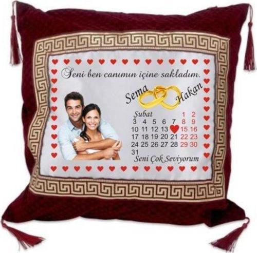 Püsküllü Dokuma Bordo Yastık Kişiye Özel Resim Basıyoruz,