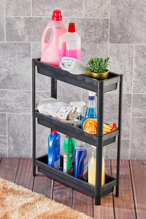 Dikdörtgen 3 Katlı Raf Ünitesi - Banyo Mutfak Düzenleyici Organizer Raf Siyah