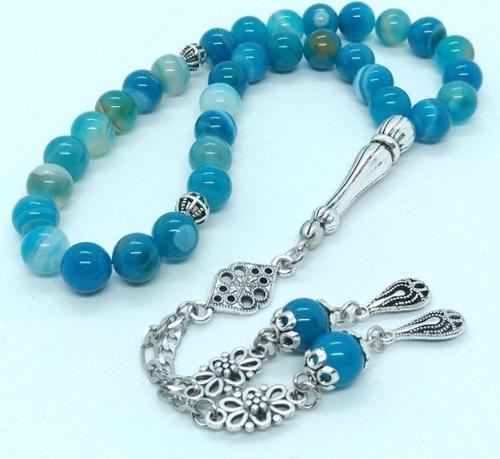 Mavi Akik Taşlı Tespih, Özel Tasarım Püsküllü...