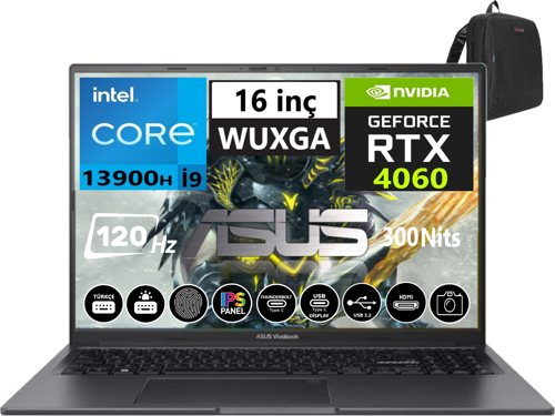 Vivobook 16X 13.nesil Core I9 13900H 32GB Ram 1tb SSD 16 Inç Wqxga 120HZ 8GB/RTX4060 300NIT WINDOWS11PRO Taşınabilir Bilgisayar WK3605VV-N1070W38 + Weblegelsin Çanta