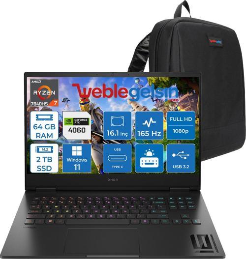 Omen 16-0000NT Ryzen 7 7840HS 64GB   2TB SSD 8GB-RTX4060 (120W) 16.1" FHD IPS 165Hz SrGB Windows11Pro HP8X168EAWP10