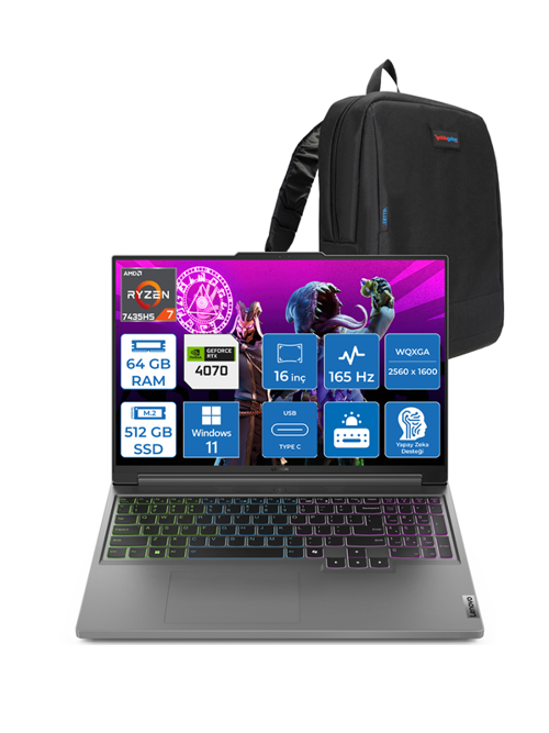 Legion Slim 5 Ryzen 7 7435HS 64GB 512GB SSD 8GB Geforce RTX4070-140W 16" Wqxga 165Hz Windows11Pro 883EX001DTRWP08