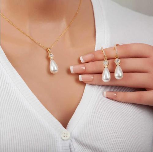 925 Ayar Gümüş Gold Damla İnci Kadın Set